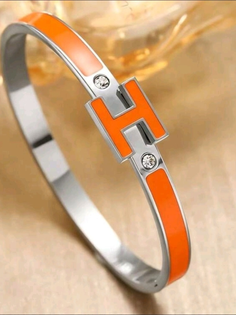 Orange Enamel H-Accent Stainless Steel Bracelet